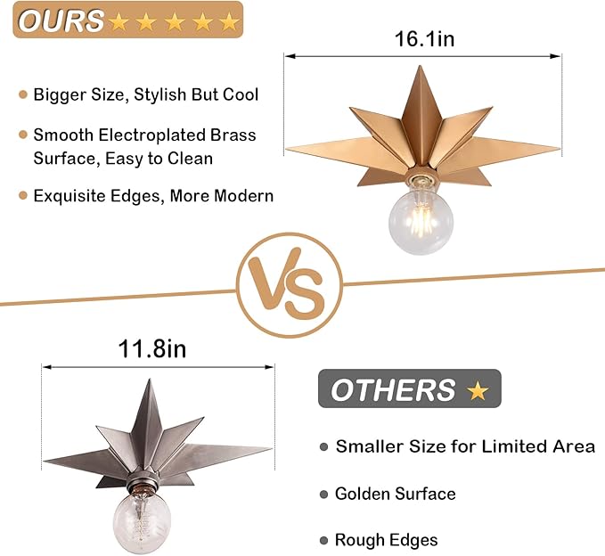16 inch Flush Mount Ceiling Light, Gold Star Light Fixture, Farmhouse Star Ceiling Light, Vintage Flush Lighting Ceiling for Hallway, Entryway, Study, Bedroom, Stair, Foyer, Kitchen, Bathroom - Metal