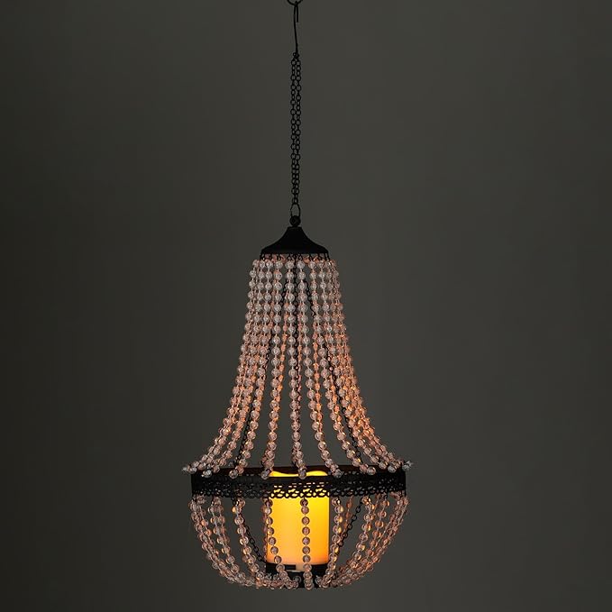 Hanging Candle Lantern Outdoor, 27” Battery Operated Modern Clear Acrylic Crystal Chandeliers with Flickering Yellow Led Candle Light S Hooks for Garden, Backyard, Gazebo, Room Indoor Indoor Decor