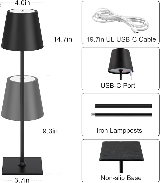 Kakanuo Cordless Rechargeable Table Lamp Black 5000mAh Battery Operated Lamps, 3 Colors Stepless Dimming Touch Lamp for Living Room, Kitchen Counter, Dining, Outdoor Patio, 2 Pack