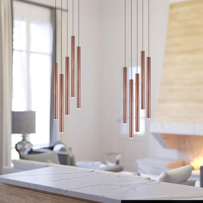 CANALIS 5 Mini Pendant Lighting Copper - LED Hanging Light Fixture for Kitchen Island, Bar, Foyer - Cluster Pendants - Dimmable, Adjustable Wire, Lamp Bulb Included