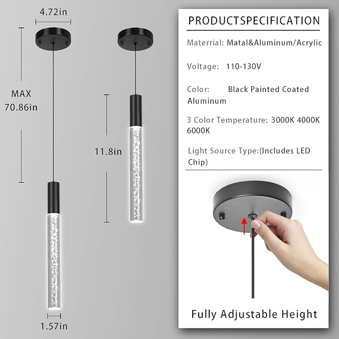 Modern Black Acrylic Pendant Light Fixture, 1-Light 3-Color LED Pendant Lighting Cord Adjustable Ceiling Hanging Lights for Kitchen Island Living Room Bedroom Dining Room (3 Pack)