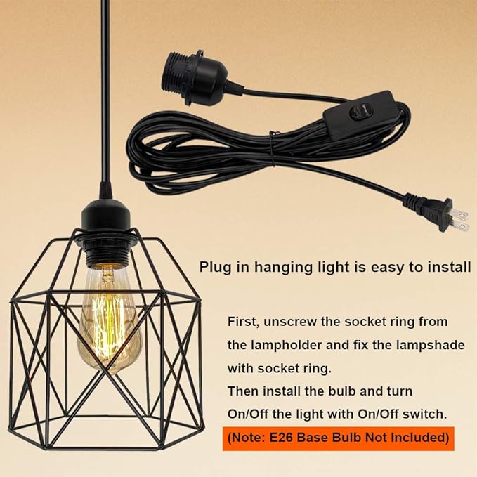 OmiSun Industrial Plug in Pendant Light, Black Cage Pendant Light Fixture with On/Off Switch, E26 Socket Vintage Hanging Light, Farmhouse Pendant Lighting for Kitchen Living Room Dining Room