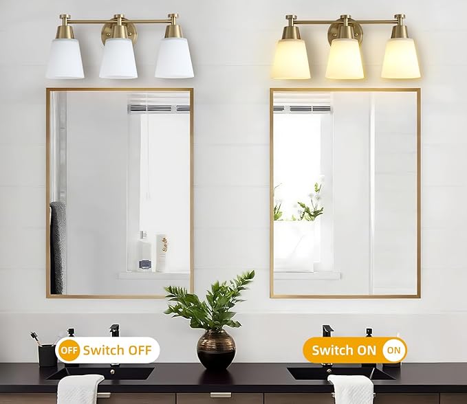 3-Light Bathroom Vanity Light, Gold Finish with Milk Glass Shades, Over Mirror, for Bathroom Vanity