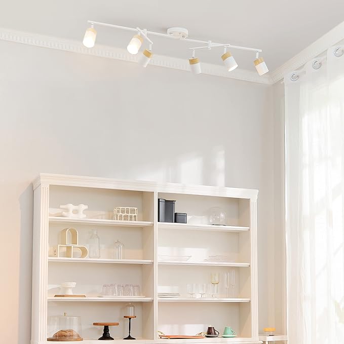 Globe Electric 64000055 42" 6-Light Track Lighting, Double Center Swivel Bar, Matte White, Wood Toned Accents, Ceiling Light, Pivot Shades, 6 Bulb, Kitchen Lights, GU10 Sockets