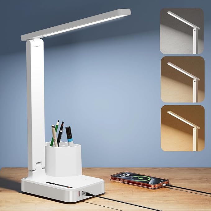 COZOO LED Desk Lamp with 2 USB Charging Ports,Type C Port,1 AC Outlet,2 Pen Holders,3 Color Temperature 3 Brightness Level,Touch/Memory/Timer,10W Eye Protection Foldable Reading Light,Study Lamp-White