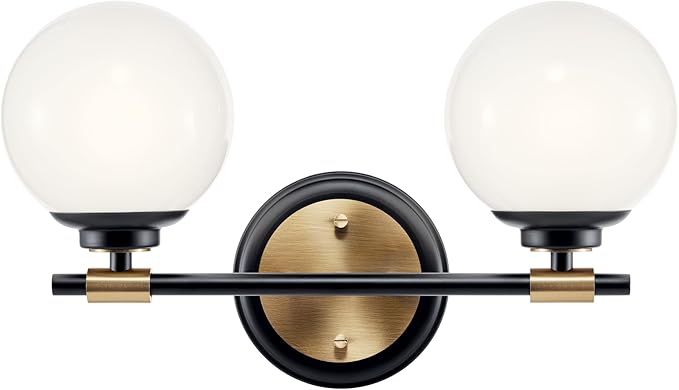 Kichler Benno 2-Light Bathroom Vanity Light Fixture with Opal Glass, Modern Black and Champagne Bronze Light for Powder Room or Bath (8.75 in x 14.75 in), 55171BKCPZ