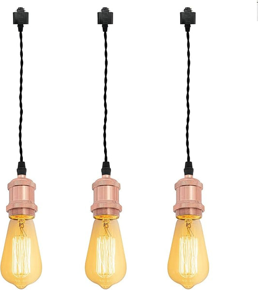Kiven H-Type Wire Track LightPendants, 7 Inch Cord Length Black Weave Rope, Restaurant DecorativePendant Light Industrial Pendant Lamp 3 Pack,Bulb Not Included（Rose Gold）