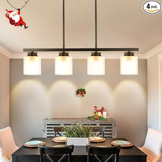 DLLT Kitchen Island Pendant Light Fixture, 4 Lights Metal Farmhouse Chandeliers, Vintage Flush Mount Ceiling Hanging Lighting with Glass Shade for Dining Room, Foyer, Restaurant, Bar, E26 Base