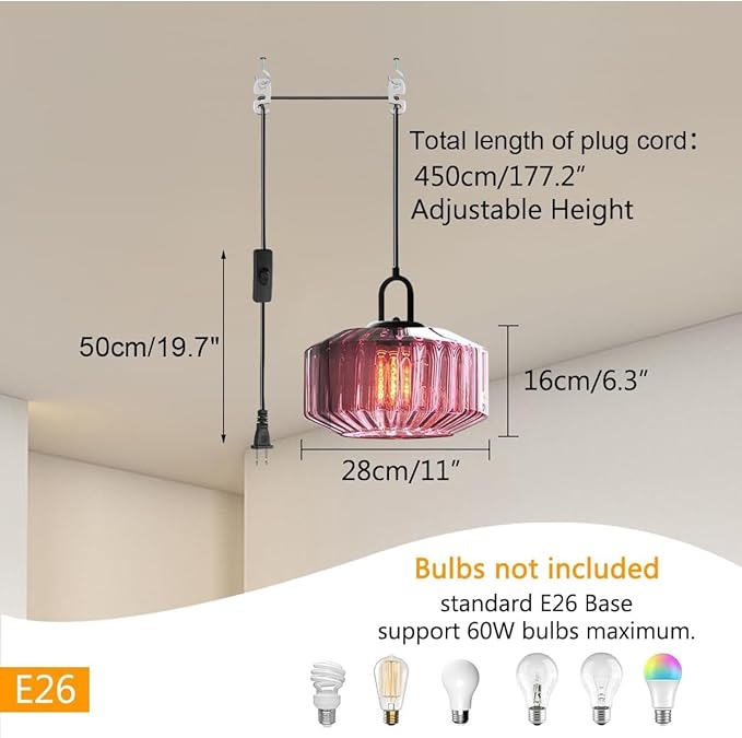 Hanging Pendant Light Plug in Vintage Plug in Hanging Light Fixture with 14.7 ft Cord Purple Striped Glass Shade Pendant Light Plug in Glass for Dining Room Farmhouse Kitchen Island