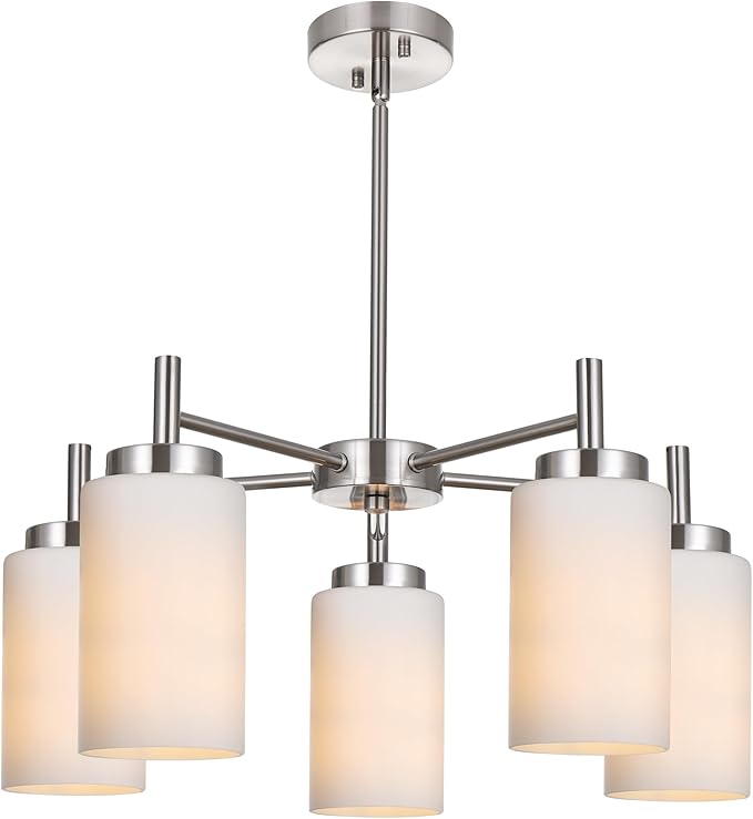 VINLUZ 5-Light Brushed Nickel Chandeliers Lighting Contemporary Modern Pendant Lamp with Opal White Glass Shade Farmhouse Dining Room Lighting Fixtures Hanging Adjustable for Kitchen Island
