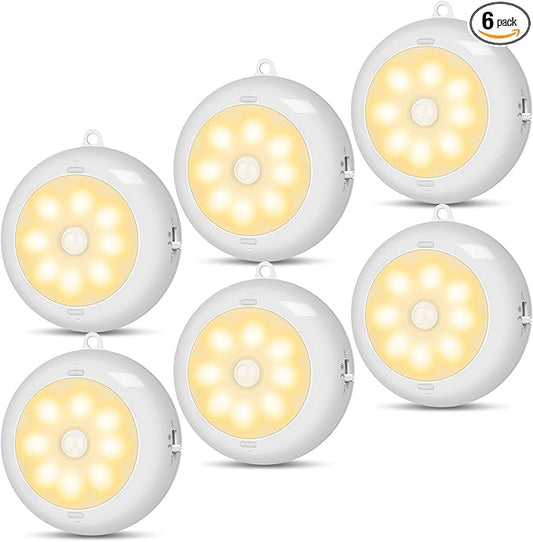 Reoshine Under Cabinet Lighting, LED Puck Lights AA Battery Operated, Closet Lights Motion Sensored for Kitchen, Shelf, Dimmable & Magnetic, 3000K Warm White (6 Pack)