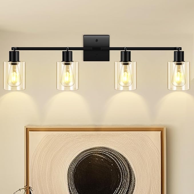 4-Light Track Lighting Fixtures with Seeded Glass Shade, Modern Kitchen Lighting Fixtures Ceiling, Rotatable Track Head, Wall Mount Ceiling Light for Bedside Hallway Bedroom, Matte Black