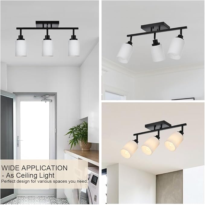 TODOLUZ 3-Lights Track Lighting Kit, Black Directional Ceiling Light Fixtures with Opal White Glass, Wall Mounted Spotlight for Kitchen Hallway