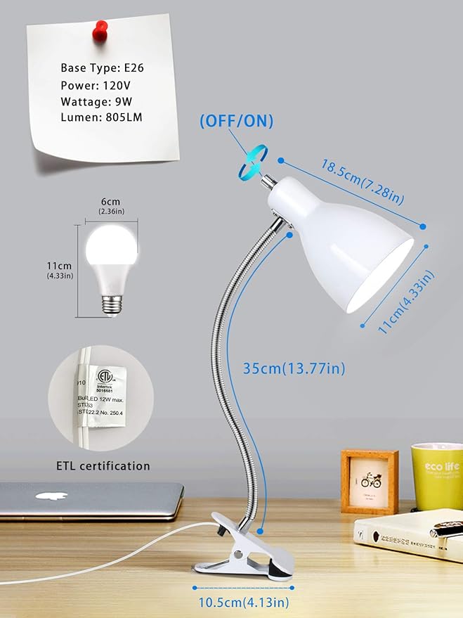 Desk lamp Eye-Caring Table Lamps, 360°Rotation Gooseneck Clip on Lamp Reading Light Portable Reading Book Light Clamp Study Desk Lamps for Bedroom and Office Home Lighting (White)