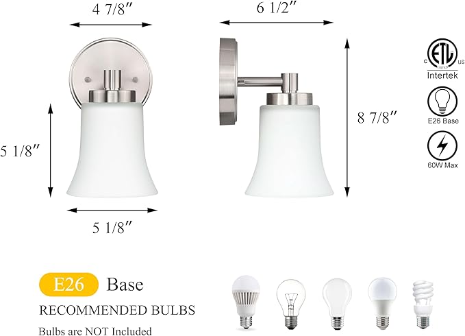 XiNBEi Lighting Wall Sconce, Single Bathroom Vanity Wall Light with Glass, Brushed Nickel Finish for Hallway & Bedroom XB-W1235-1-BN