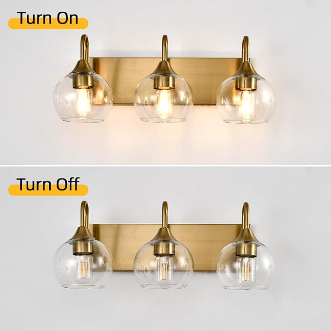 Bathroom Light Fixtures, 3-Light Brushed Gold Vanity Light Over Mirror, Modern Wall Sconces 21" with Clear Glass Globe Shade, Bathroom Wall Lights for Mirror Kitchen Bedroom Hallway