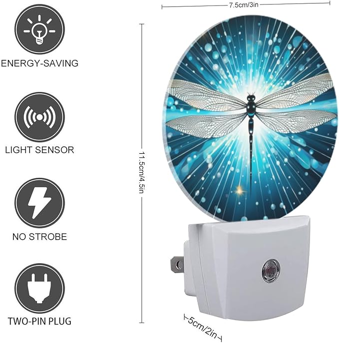 Round LED Night Lights Lamp with Dusk to Dawn Sensor, Dragonfly Shiny Abstract Night Light Plug Into Wall for Kids Room, Bedroom, Bathroom, Kitchen, Hallway