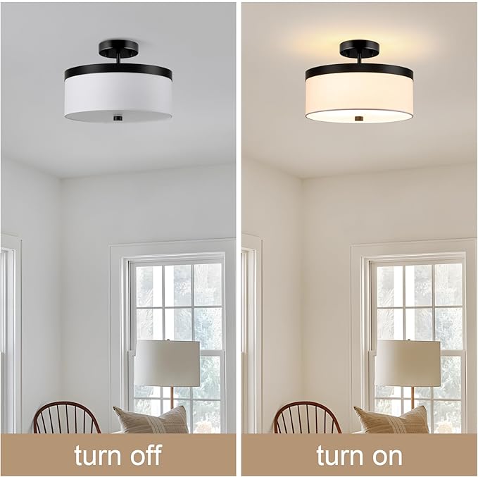 Semi Flush Mount Ceiling Light,12”Hallway Light Fixtures with White Fabric Shade,3-Light Black Modern Drum Flush Mount Ceiling Light for Bedroom,Hallway,Kitchen Island,Laundry