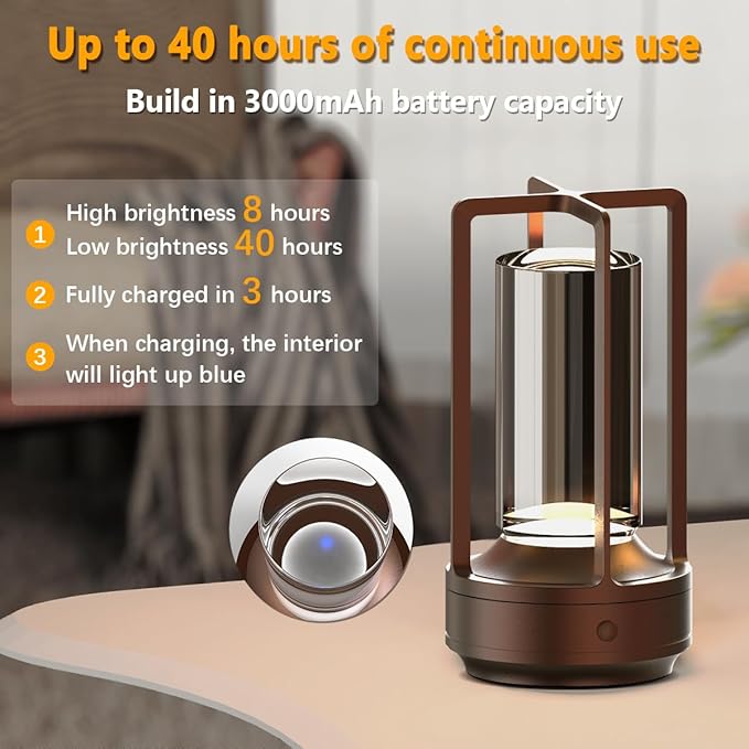 Cordless Portable Table Lamp Rechargeable for Indoor/Outdoor, 3000mAh Small Battery Powered Operated Lights, 3 Color Modes Dimmable Waterproof, LED Desk Lamp for Restaurant/Bedroom/Camping (Brown)