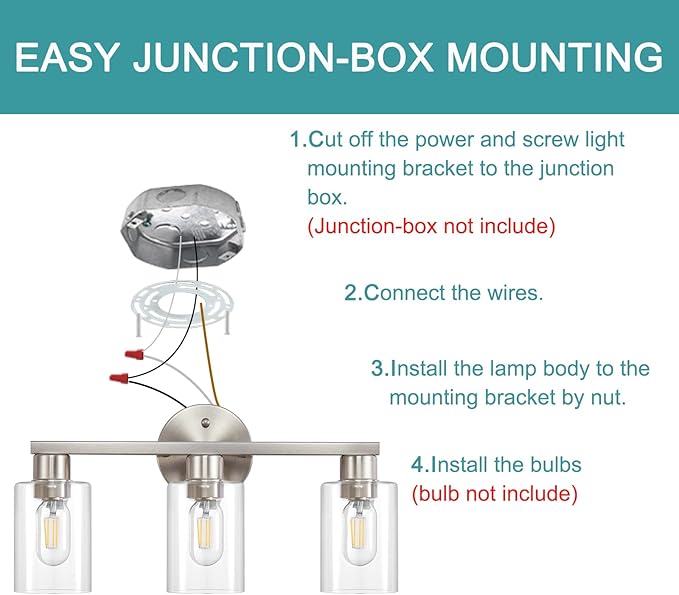 Brushed Nickel Bathroom Light Fixture 3-Light Bathroom Vanity Light Brushed Nickel 3 Light Vanity Lights for Bathrrom with Clear Glass Shades for Living Room Bedroom(E26 Socket)