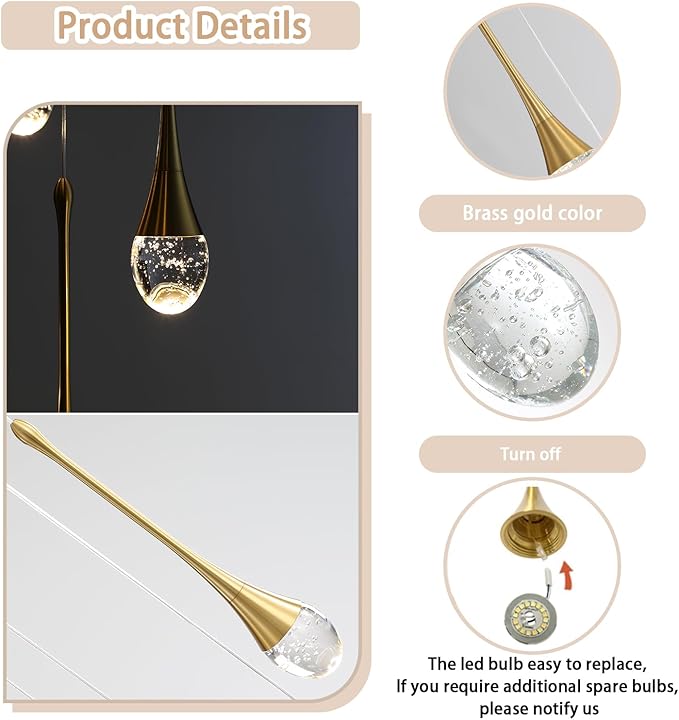 ykolupty Modern Pendant Lights for Kitchen lsland LED Dimmable Raindrop Chandelier Crystal Ceiling Pendant Lighting for Dining Room Hallway Bar Living Room (1 Pack)