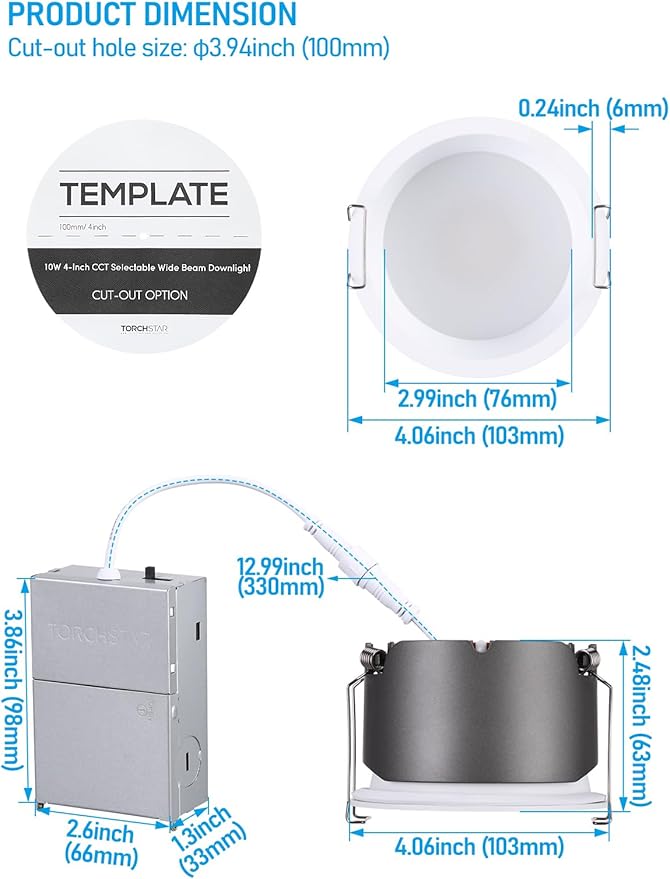 TORCHSTAR 4 Inch 5CCT LED Anti Glare LED Recessed Lights with J-Box, Narrow Trim Recessed Ceiling Light, Deep Trim Canless Downlight, Dimmable, CRI 90, 2700-5000K Selectable, ETL T24 FCC, Pack of 4