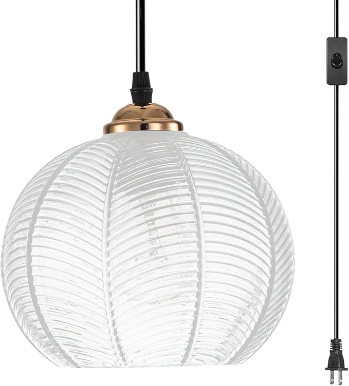 Plug in Pendant with 14.75ft Cord On/Off Switch, Swag Lamp Clear Glass Globe Shade Vintage Pendant Light Plug in Hanging Light for Kitchen Island Dining Room Bedroom