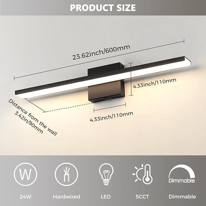 JUSHENG Black Vanity Lights for Bathroom 5CCT Dimmable Bathroom Vanity Light Fixtures LED Vanity Light Bar 24'' Inch 24W ETL Certificated
