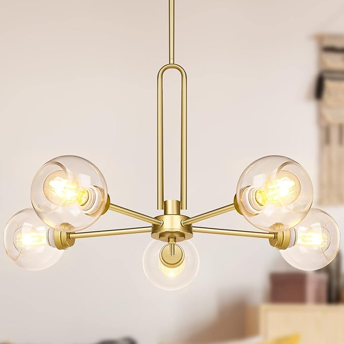 Globe Chandelier Pendant Lighting, Gold Modern Large Semi-Flush Ceiling Light Fixture with Clear Glass, 5-Light Sputnik Light Fixture Dining Room, for Kitchen Living Room Bedroom