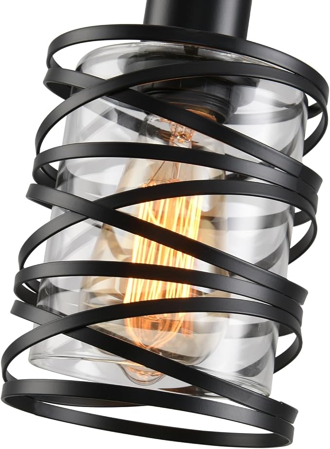 3 Light Pendant Lights Kitchen Island Black Pendant Light Fixtures Spiral Iron Kitchen Island Lighting with Clear Glass Shade Adjustable Hanging Light Fixtures