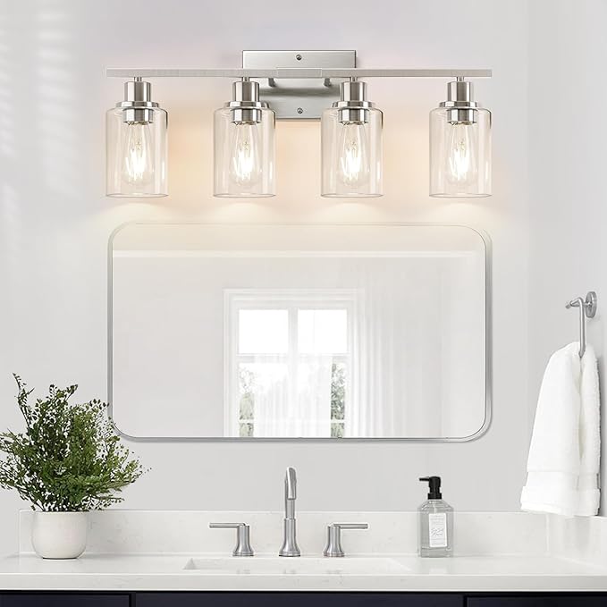 Indoi 4-Light Bathroom Light Fixtures, Brushed Nickel Vanity Lights with Clear Glass Shades, Modern Bathroom Wall Lamp for Mirror Living Room Cabinet Bedroom Porch