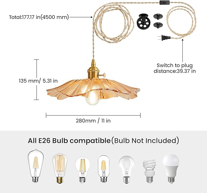 Plug in Glass Pendant Lights Kitchen Island Brass Glod Vintage Hanging Light Fixture Flower Light for Bedroom Kitchen Hallway Corded On/Off Switch Bathroom Amber Sunflower