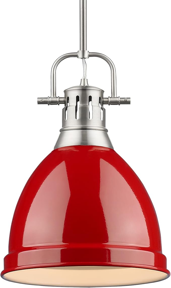 Golden Lighting Duncan Small Pendant with Rod in Pewter with a Red Shade