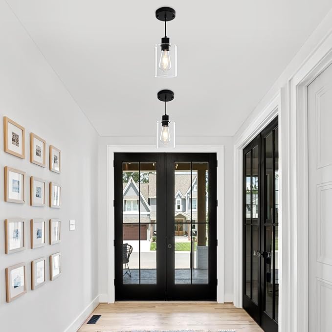 3 Pack Black Pendant Lights Kitchen Island, Modern Glass Pendant Lighting Over Island Kitchen Hanging Bathroom Ceiling Light Fixtures Adjustable Pendant Lights for Dining Room Hallway Bedroom