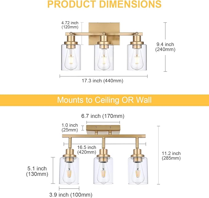 3-Light Gold Tracking Lights, Multi-Directional Rotating Ceiling Tracking Lighting Fixture with Clear Glass, Modern Bathroom Ceiling Vanity Lights Track Lighting Kits for Kitchen Accent Shop