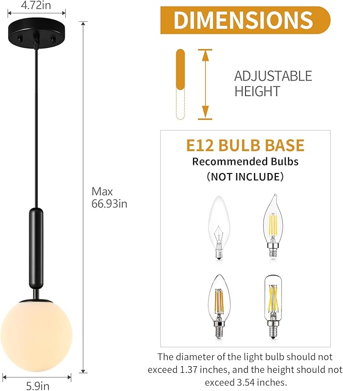 Modern Hanging Light Fixture Pendant Lighting for Kitchen Island Mid Century Black Pendant Lights with Globe Milky White Glass Pendant Light for Bedroom Bathroom Entryway (1 Pack)