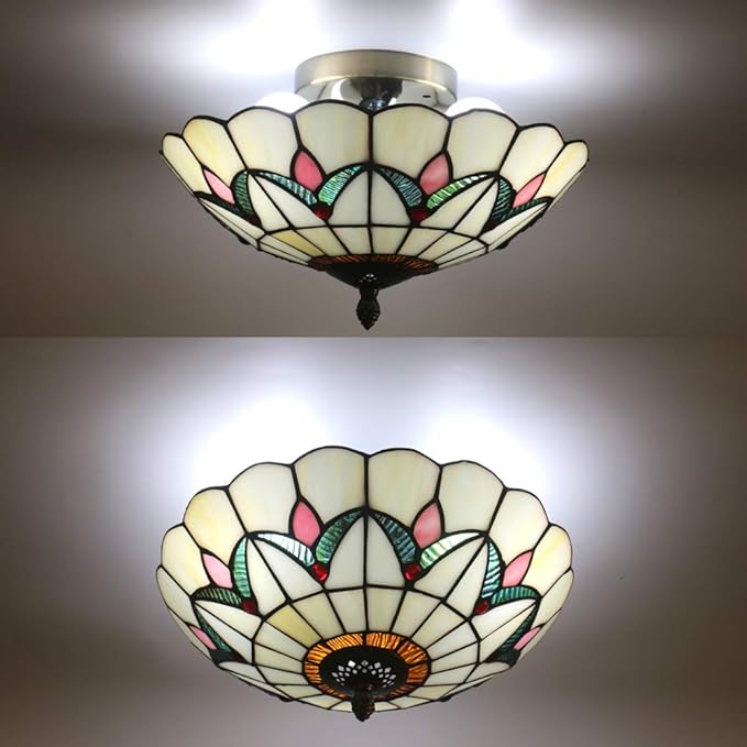 12 Inch Vintage Chandeliers Light Tiffany Style Ceiling Light Fixture Stained Glass Flower Flush Mount Ceiling Lighting Fixtures Lamps