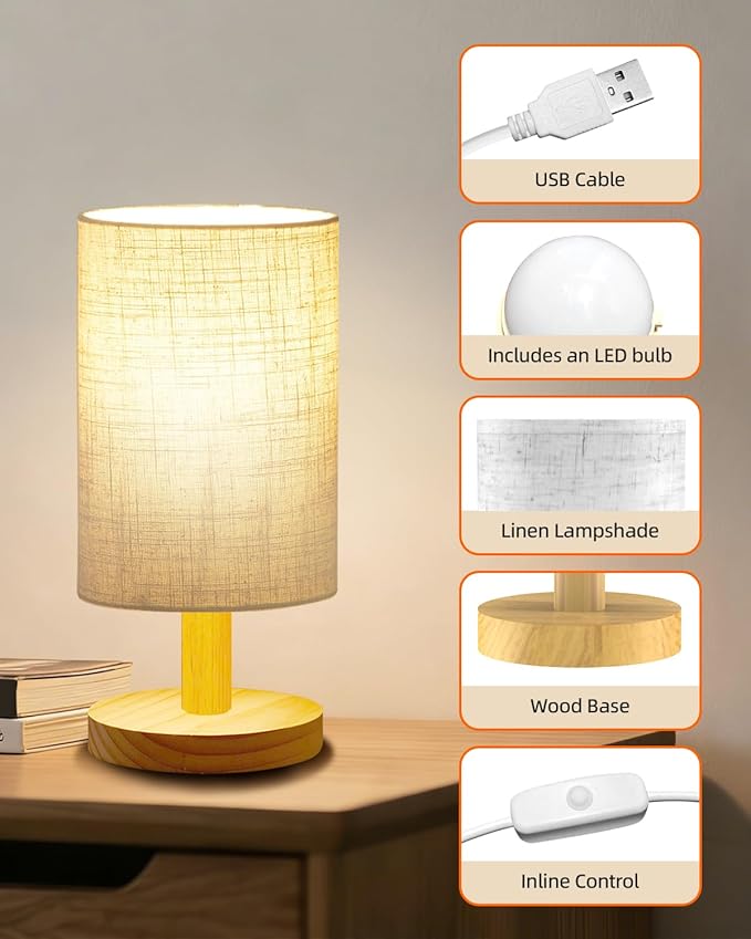 Small Table Lamp for Bedroom - Inline Control, Bedside Lamp for Warm Light LED Desk Lamp, Wood Base Round Flaxen Fabric Shade for Kids Room, Living Room, College Dorm, Home, Office