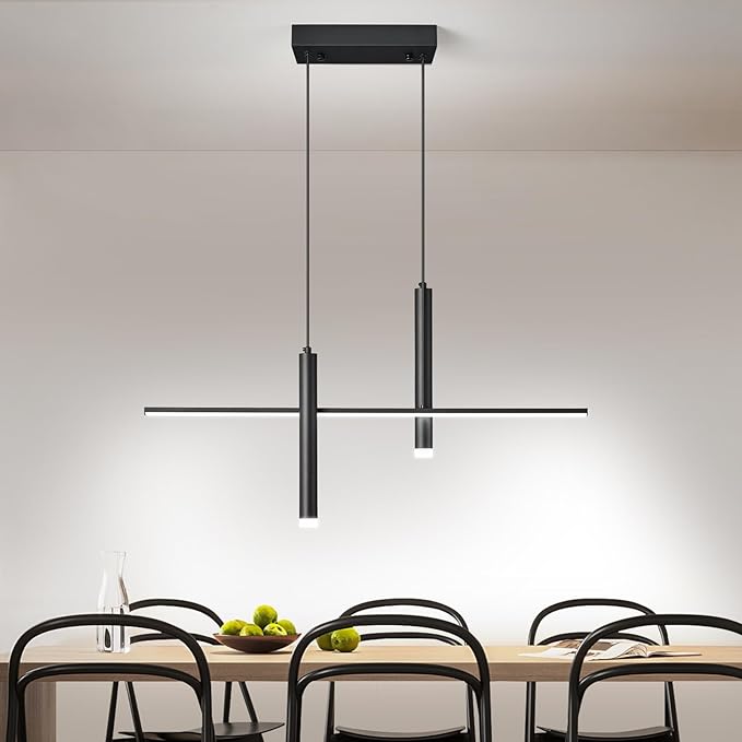Modern LED Linear Pendant Light with Dual Spotlights Dimmable 6000K Pendant Lights Kitchen Island Ceiling Hanging Black Chandeliers for Dining Room Table Kitchen Living Room Bedroom(L31.5in)