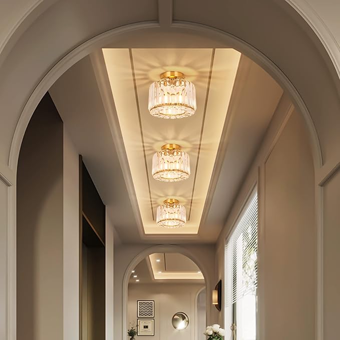 Crystal Modern Semi Flush Mounted Ceiling Light Fixture Brass Chandelier for Hallway, Dining Room, Foyer, Living Room, Bedroom, Entryway
