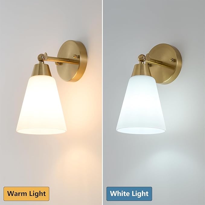 MWZ Gold Wall Sconce Decor 2 Pack,Modern Brushed Brass Sconces Lighting with White Glass Shade,Bathroom Light Fixtures Over Mirror,Vanity Lights Over Sink,Indoor Wall Mount Adjustable Angle Lamp