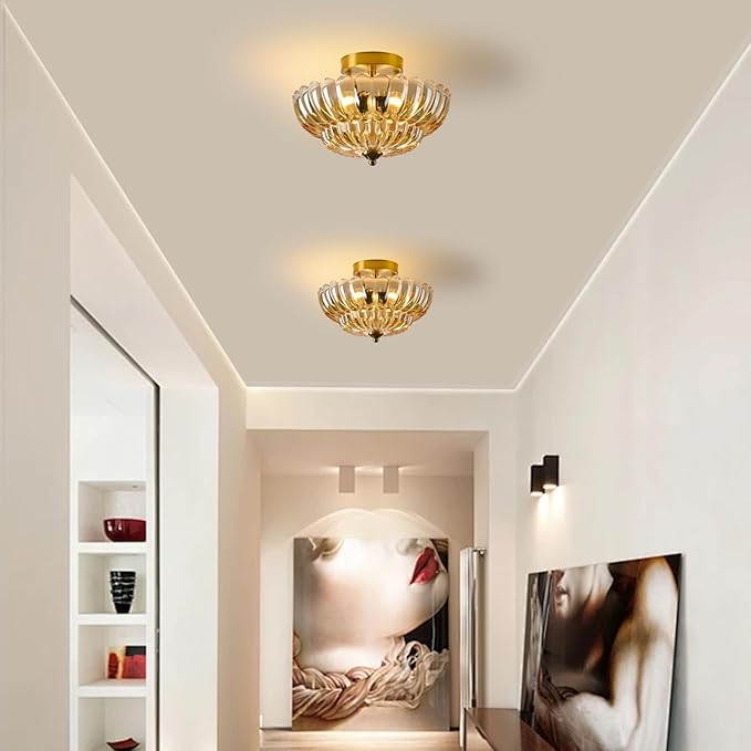 Semi Flush Mount Ceiling Light, 12 Inch Vintage Gold Fixture with Amber Glass Shade, 3-Light Close to Ceiling Lighting for Hallway, Entryway, Bedroom, Bathroom，Kitchen, Mid Century Modern