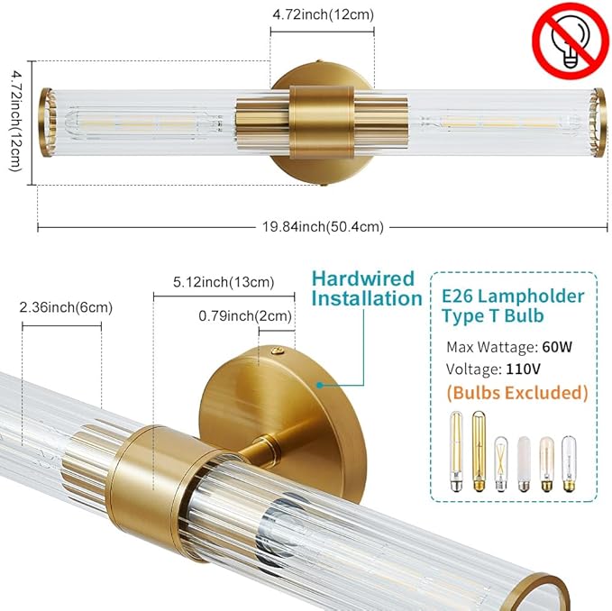 Bathroom Light Fixtures, Gold Wall Sconce in Threaded Glass Indoor Wall Sconces, Modern Bathroom Vanity Light Up and Down Sconces Wall Lighting for Living Room, Hallway - Bulb Not Included