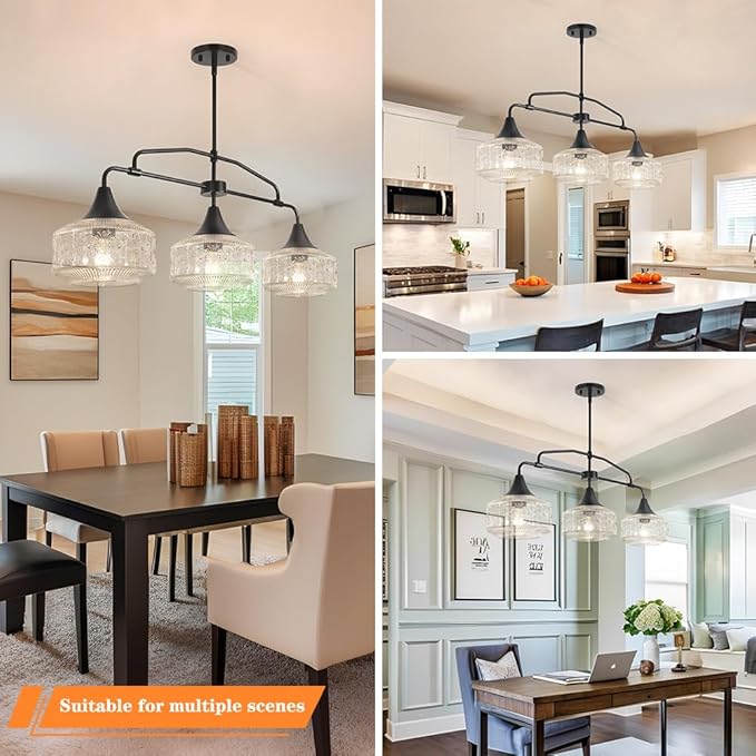 Farmhouse Kitchen Island Lighting, Black 3-Light Island Light for Kitchen, Adjustable Dining Room Light Fixture Over Table, Linear Chandelier Pendant Lighting with Clear Glass for Living Room Sink