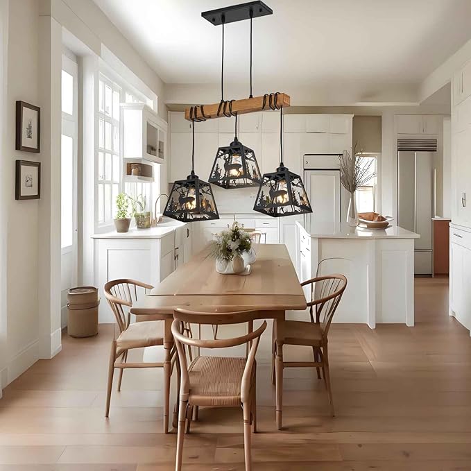 3-Lights Farmhouse Dining Room Pendant Light Fixtures, Rustic Solid Wood Kitchen Island Lighting Hanging with Deer Metal Shades for Restaurant, Kitchen Island, Hallway