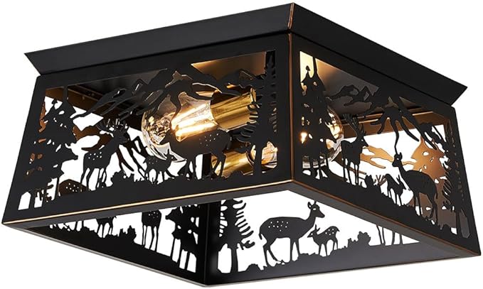 Black Semi Flush Mount Ceiling Light Fixture, Rustic Cabin Deer Ceiling Light Fixture, Metal Country Farmhouse Ceiling Lamp for Hallway Porch Bedroom Foyer Entryway, E26 Bulbs.12.5 Inches