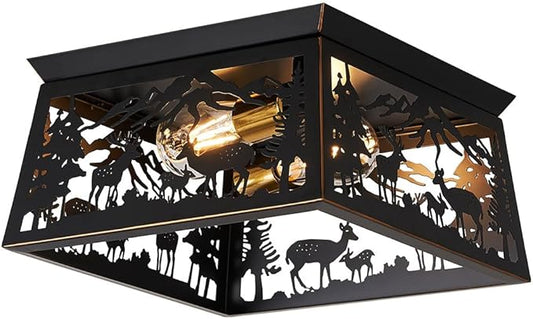 Black Semi Flush Mount Ceiling Light Fixture, Rustic Cabin Deer Ceiling Light Fixture, Metal Country Farmhouse Ceiling Lamp for Hallway Porch Bedroom Foyer Entryway, E26 Bulbs.12.5 Inches