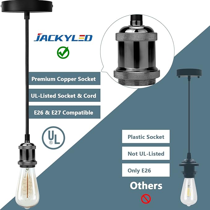 JACKYLED Pendant Light Kit UL Canopy Kit Copper Socket E26 E27 Lampholder Black Woven Fabric Pendant Light Cord Adjustable Ceiling Lighting (Pearl Black)