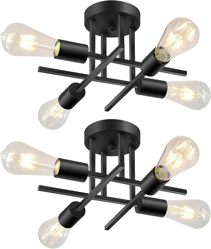 EGM Kitchen Ceiling Light Fixtures Matte Black, 4-Light Modern Sputnik Chandelier with E26 Bulb Base, Close to Ceiling Light for Dining Room Farmhouse Kitchen Bedroom (2 Pack)