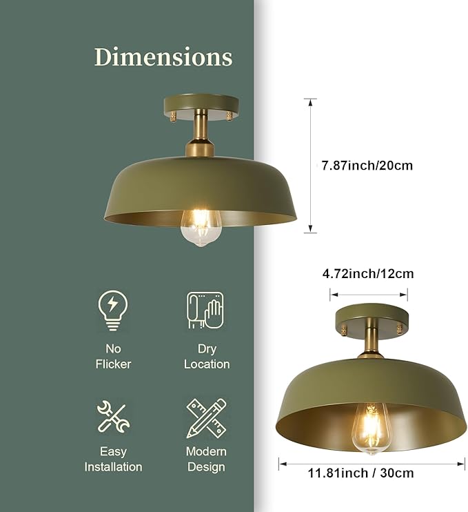 Modern Semi Flush Mount Ceiling Light, 1-Packs Matte Green Hallway Ceiling Light Fixtures,Mid Century Ceiling Lamp for Kitchen Hallway Entryway Bedroom Laundry Room(1 Packs)